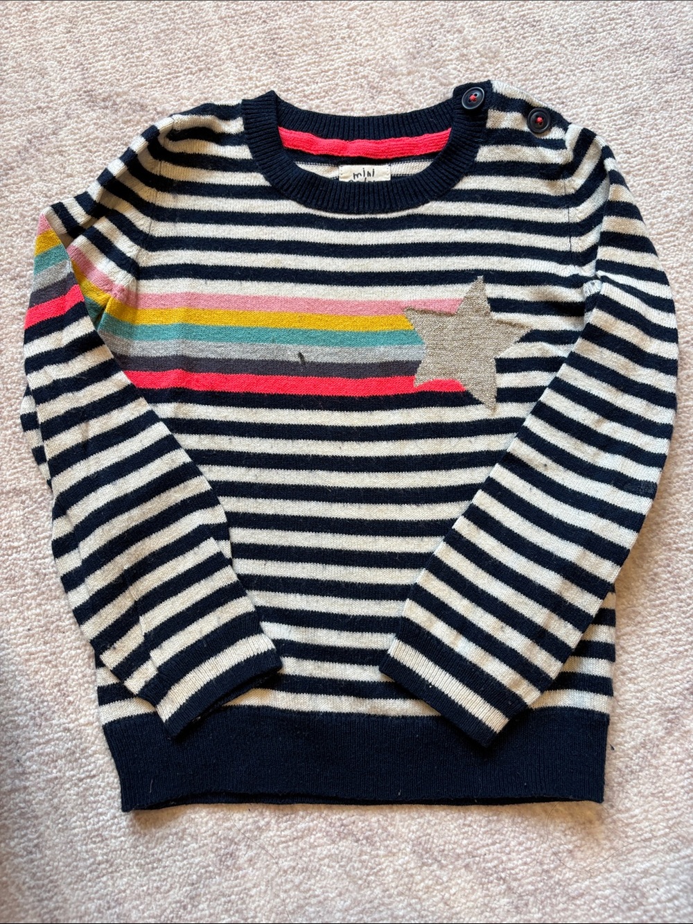 Mini Boden Navy & White Cashmere Blend Sweater with Rainbow Stripe Silver Star